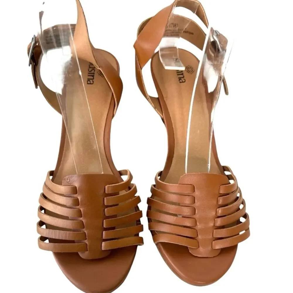 Susina Terra-Lea Cognac Leather Wedge Sandal Size 6.5